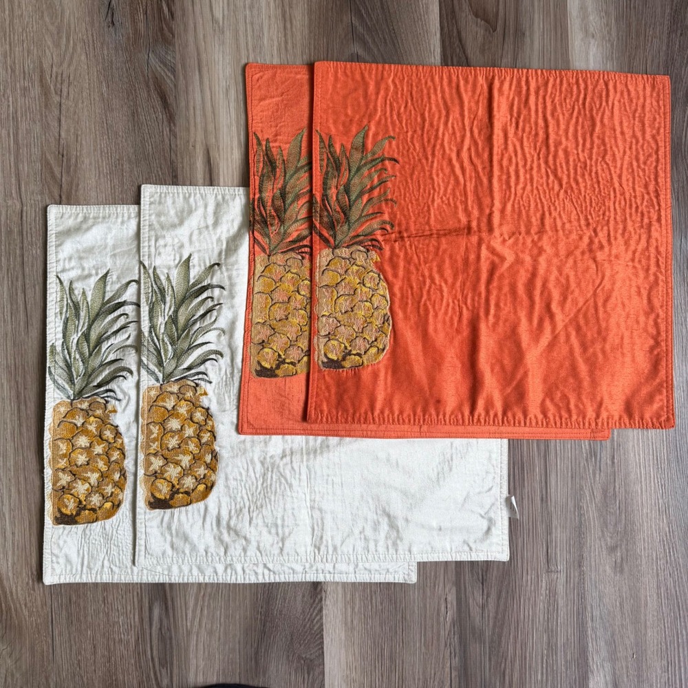 Set of 4 Pineapple Embroidered Placemats Orange and Cream Tropical Decor 16x16